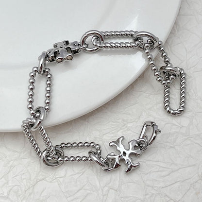 Silver square chunky chain logo bracelet with star-shaped emblem charm and bead-link strands