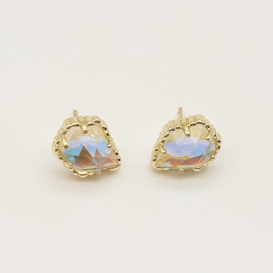 Pair of irregular rhombus stud earrings with iridescent opal-like stone and gold-tone bezel
