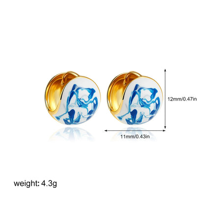 Gold-tone small hoop earrings with blue marbled round inlay, 12mm