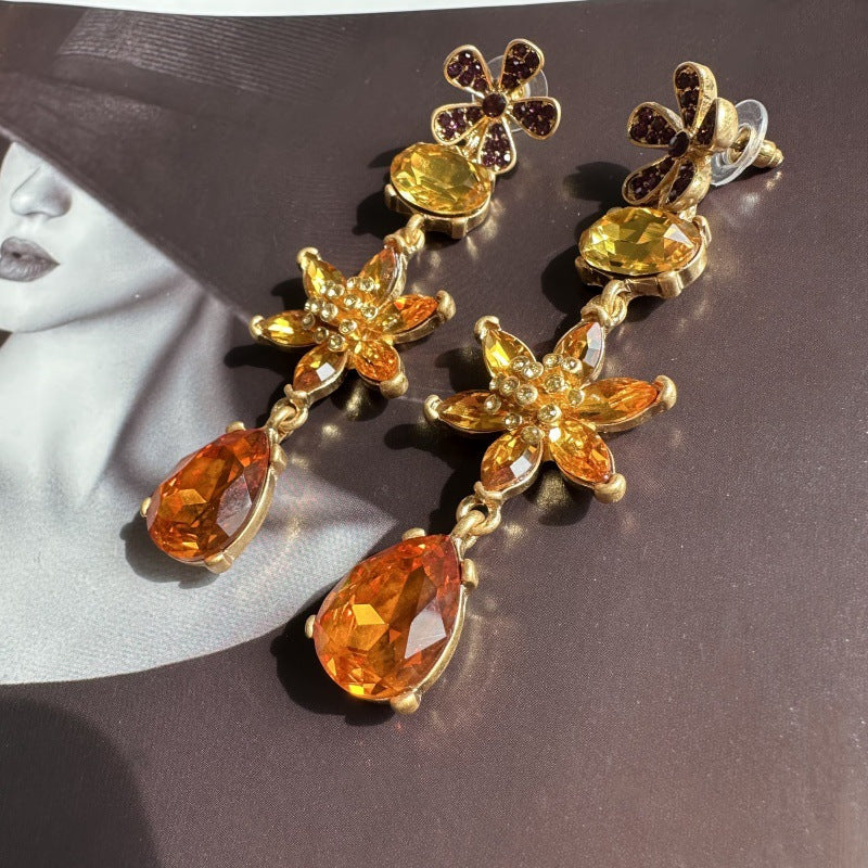 Oscar de la Renta Floral Colored Crystal Glass Teardrop Earrings