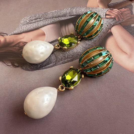 Hot air balloon crystal pearl earrings with green crystals and white teardrop pearls