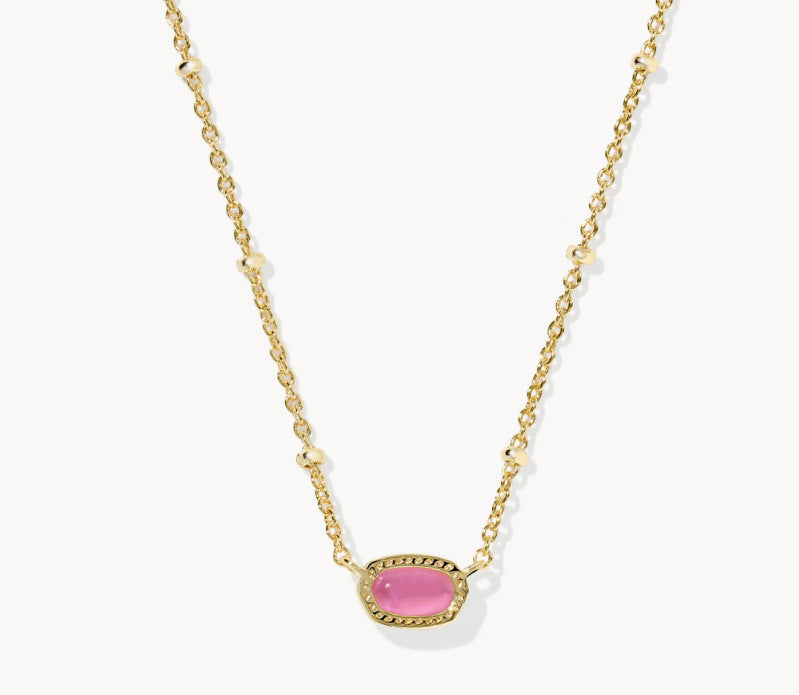 Gold-tone necklace with oval pink gemstone pendant on linked chain