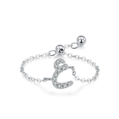 Adjustable silver pavé Arabic letter ring with CZ stones, oval chain clasp and letter