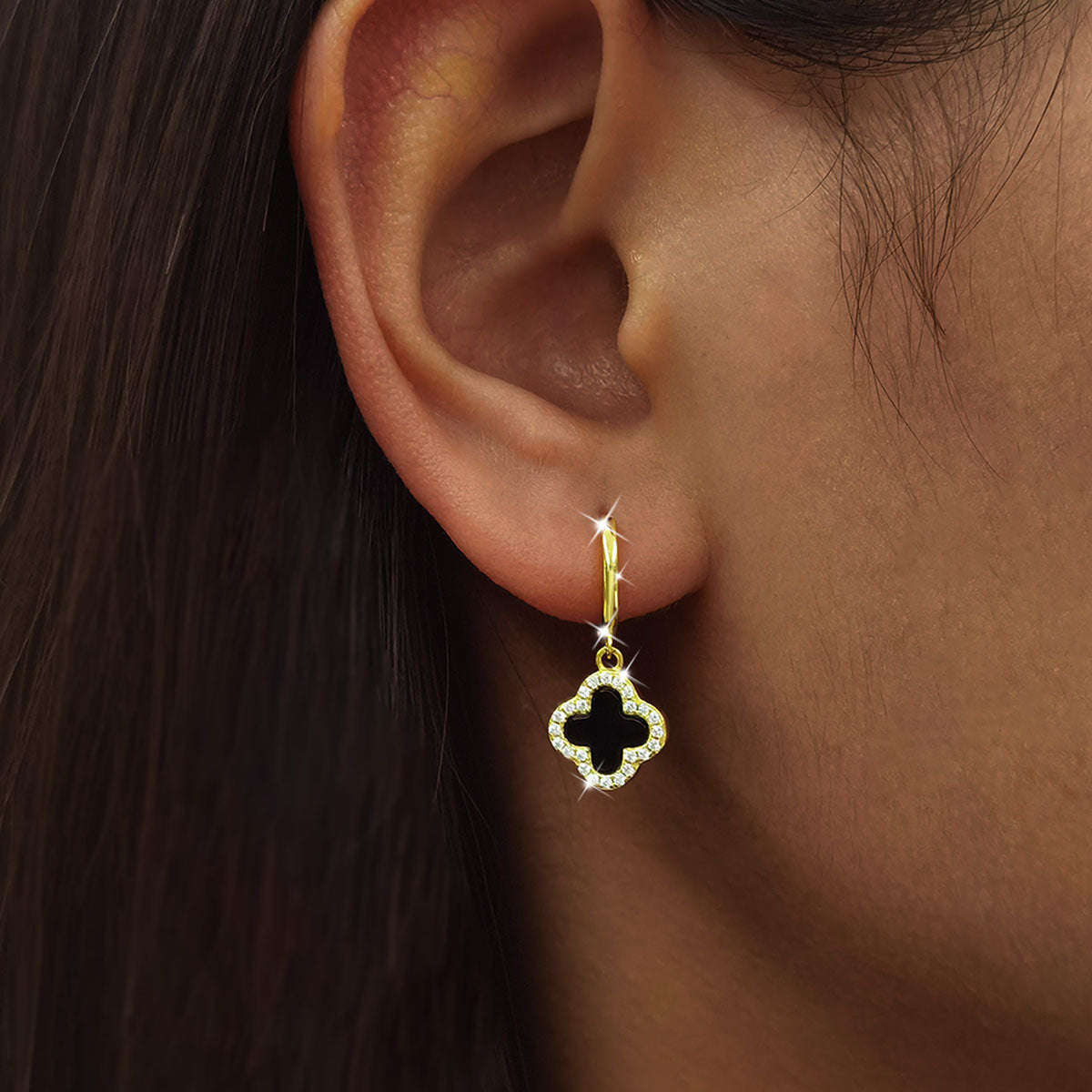 925 Silver Polished Black Onyx Four-Leaf Clover Earrings – JIMMY