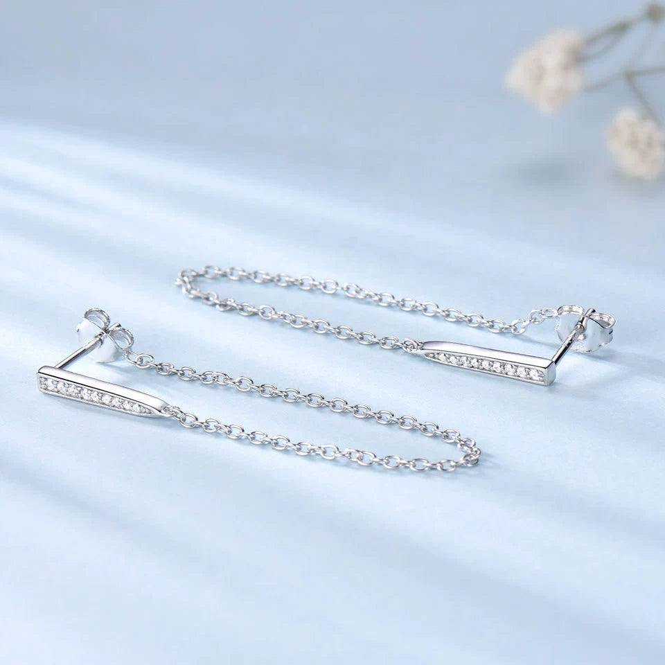 S925 Silver CZ Bar Chain Drop Earrings 46mm Dangle | JIMMY JEWELRY