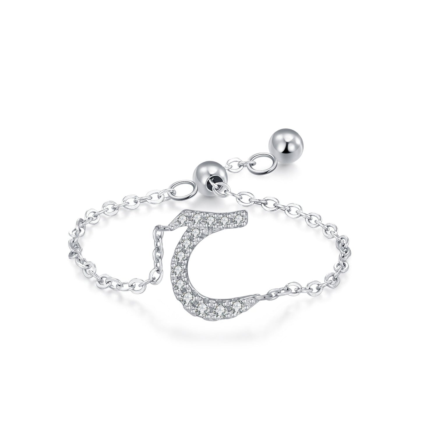 Silver-tone adjustable chain ring with curved pavé CZ Arabic letter charm