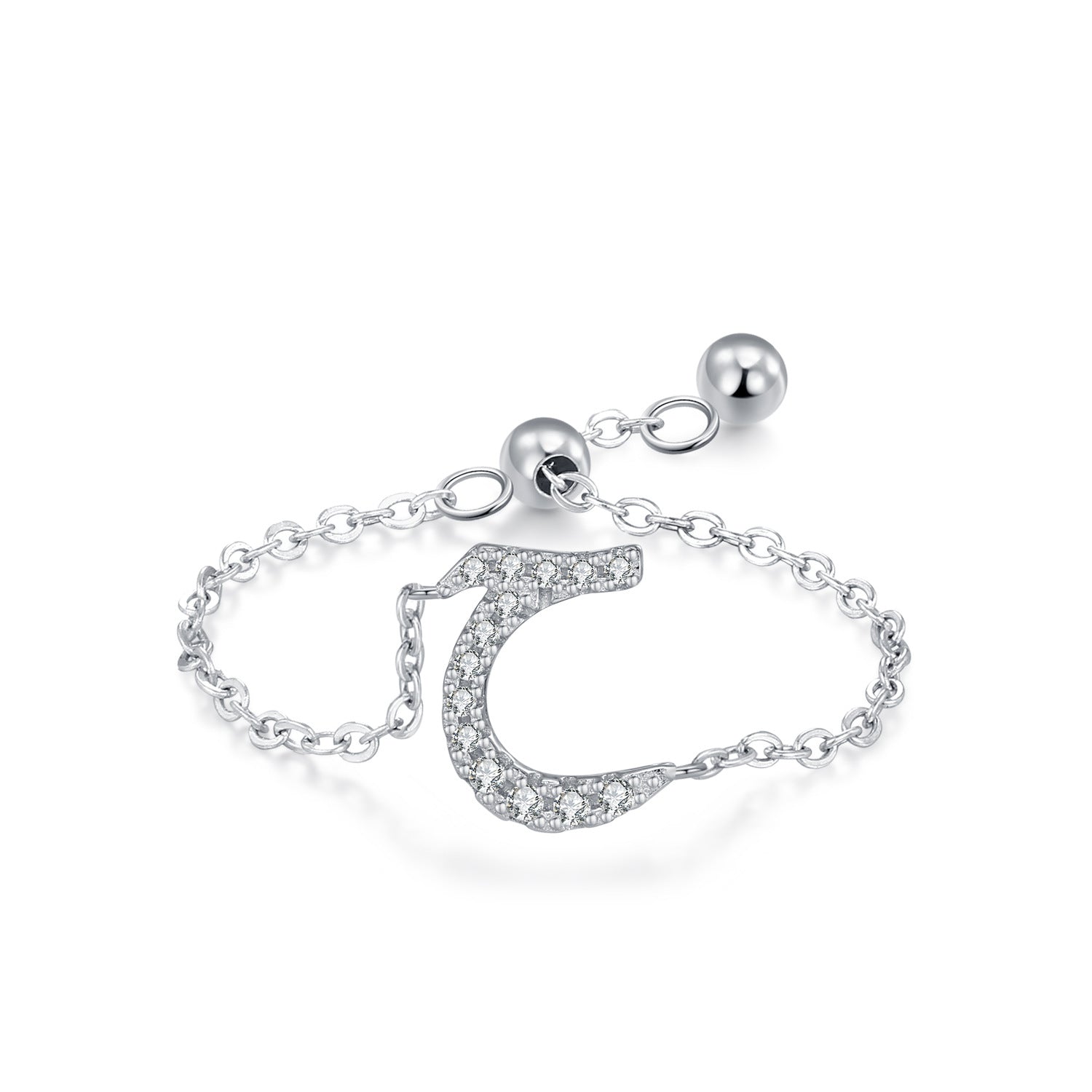 Silver-tone adjustable chain ring with curved pavé CZ Arabic letter charm