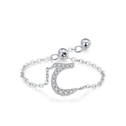 Silver-tone adjustable chain ring with curved pavé CZ Arabic letter charm