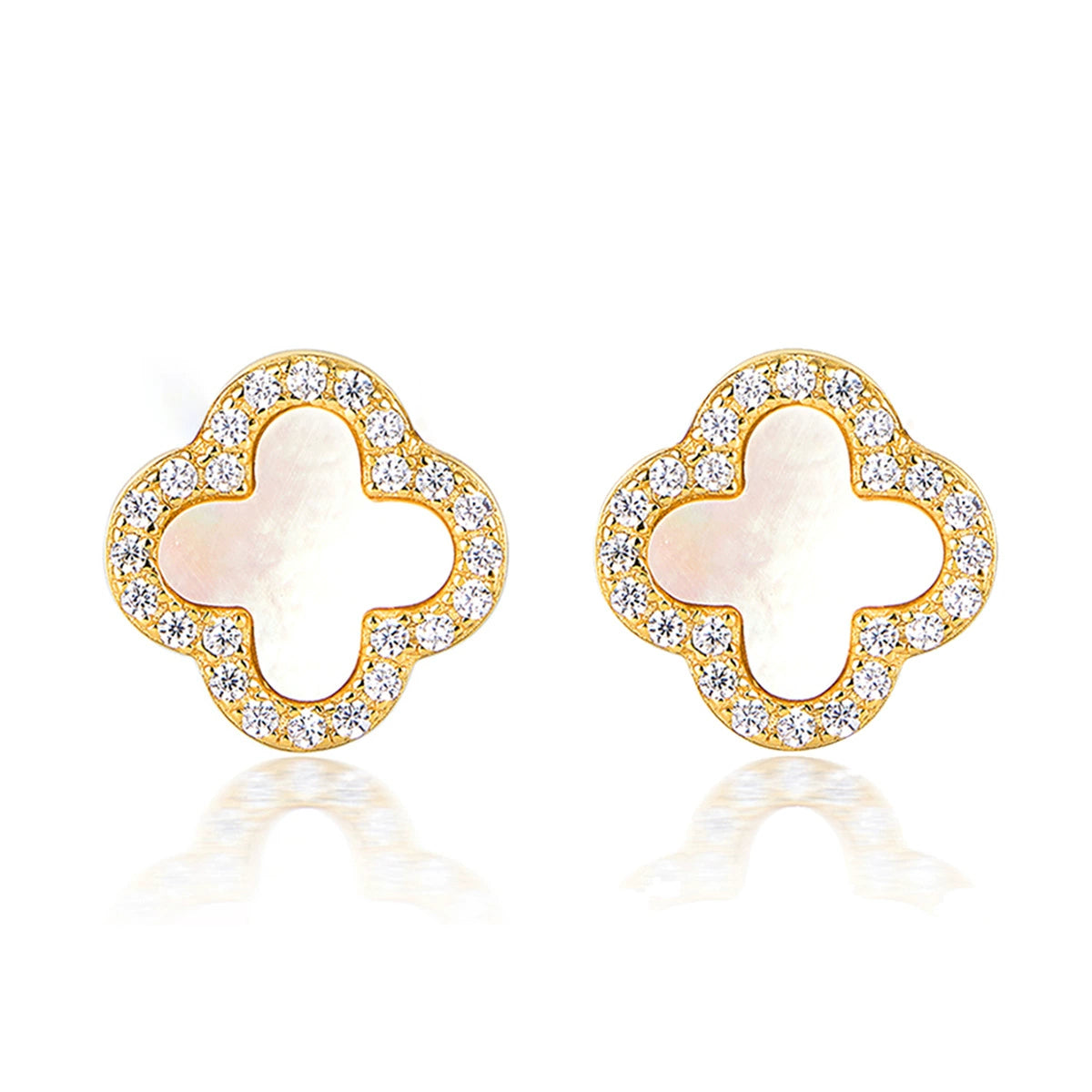 Four-leaf clover stud earrings in gold tone with iridescent center
