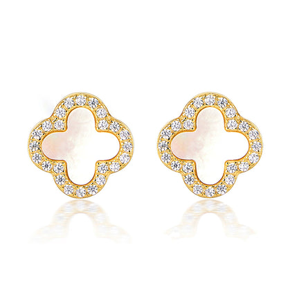 Four-leaf clover stud earrings in gold tone with iridescent center