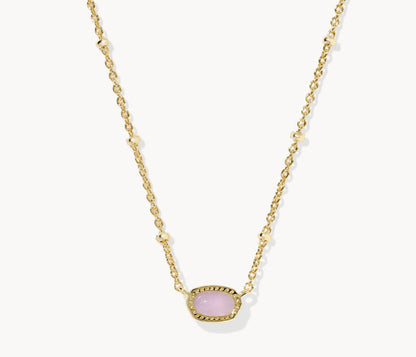 Gold-tone necklace with teardrop-oval pink gemstone bezel pendant on chain