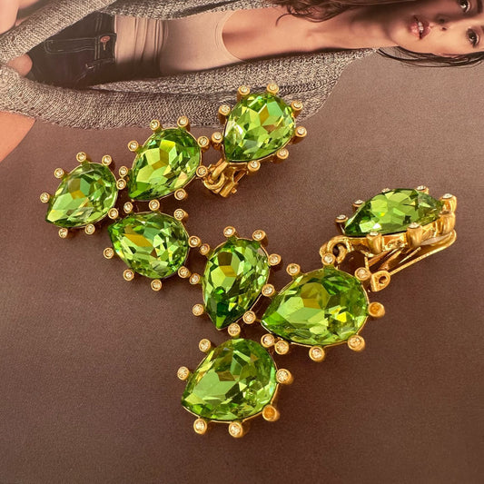 Cactus-cut glass ear clips with green stones and gold-tone diamond accents