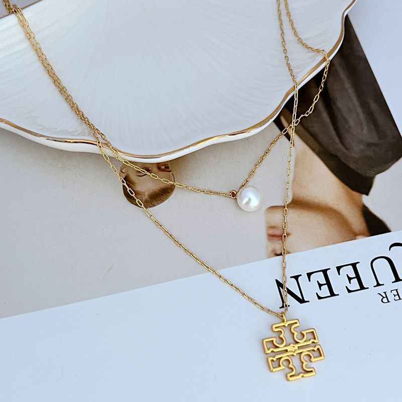新款时尚轻奢气质优雅甜美镶嵌珍珠镂空字母双层女款精美项链