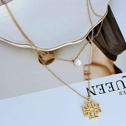 新款时尚轻奢气质优雅甜美镶嵌珍珠镂空字母双层女款精美项链