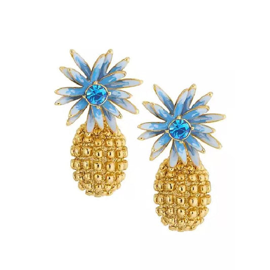 Enamel flower and pineapple diamond earrings with blue flower tops and gold textured drops.
