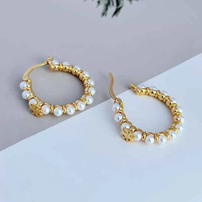 Tory Burch Pearl Logo Metal Earrings - JIMMY JEWELRY 01