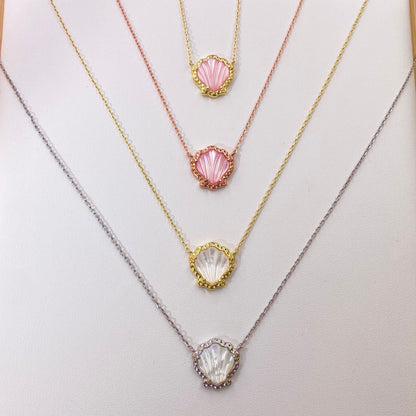 Multi-color pendant necklace set with scallop bezels and mother-of-pearl shell drops