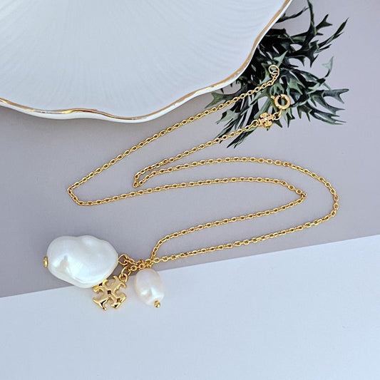 Tory Burch Baroque Pearl Logo Pendant Metal Necklace