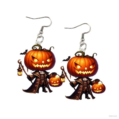S925 Sterling Silver Halloween Earrings with Ghost, Pumpkin, Skeleton Acrylic Pendants