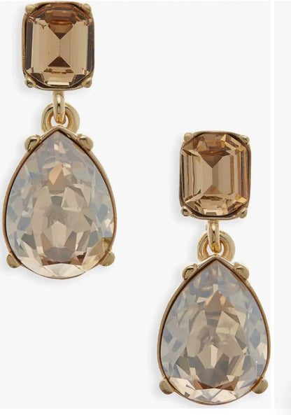 Teardrop-cut diamond stud earrings with champagne square tops and light smoky teardrop stones