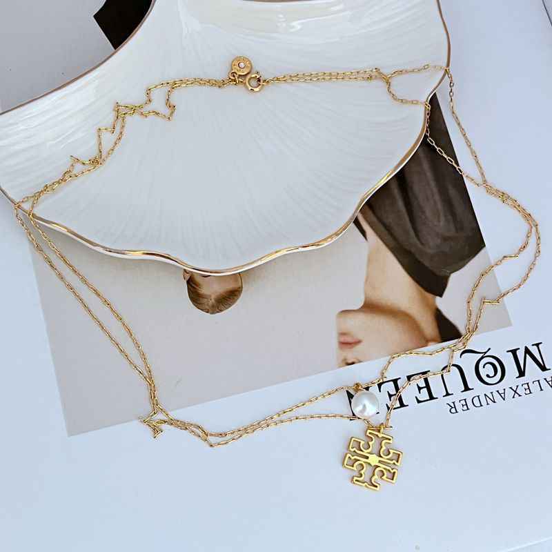 新款时尚轻奢气质优雅甜美镶嵌珍珠镂空字母双层女款精美项链