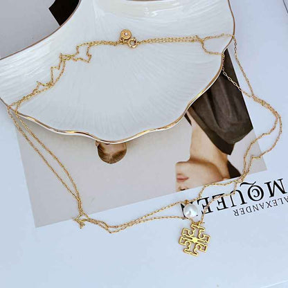 新款时尚轻奢气质优雅甜美镶嵌珍珠镂空字母双层女款精美项链