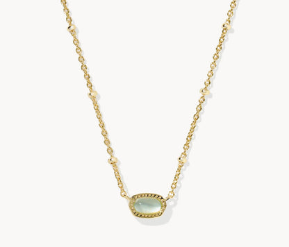 Gold-tone necklace with oval pale blue gemstone pendant on a fine chain.