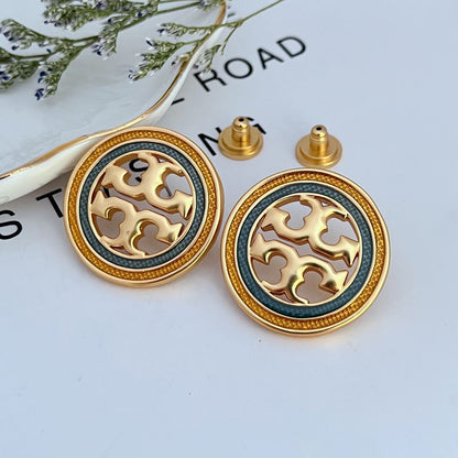 Tory Burch Round Openwork Enamel Metal Earrings
