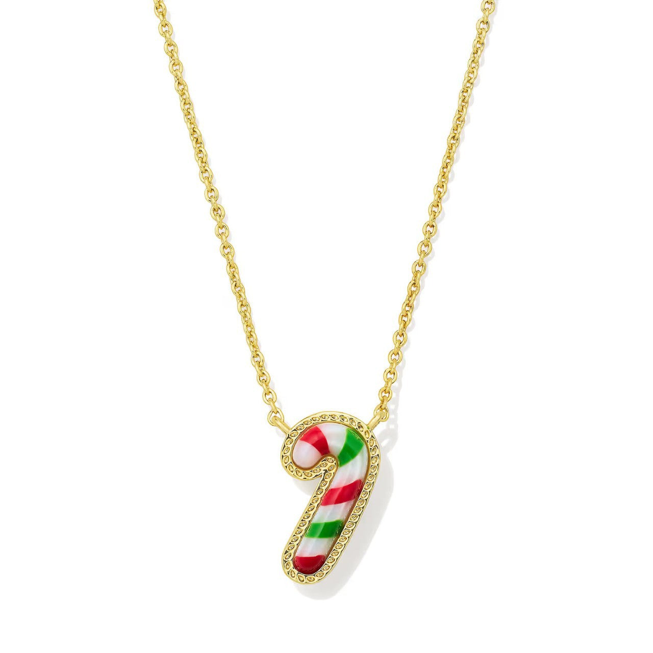 Gold-plated necklace with red-and-white candy cane pendant on gold chain