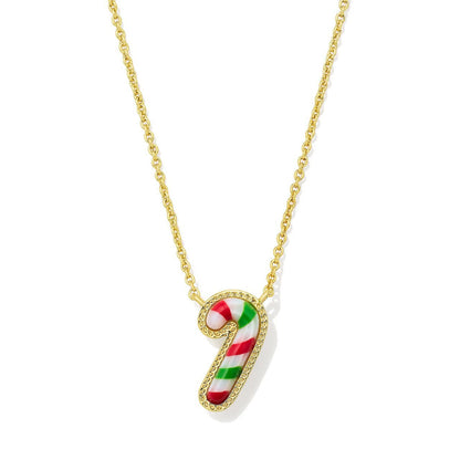 Gold-plated necklace with red-and-white candy cane pendant on gold chain