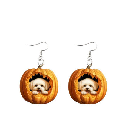 S925 Sterling Silver Halloween Earrings with Ghost, Pumpkin, Skeleton Acrylic Pendants