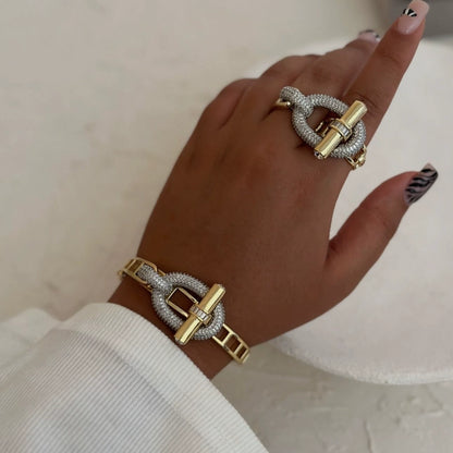 Pig nose horizontal bar ring bracelet set inlaid zircon bracelet ring women