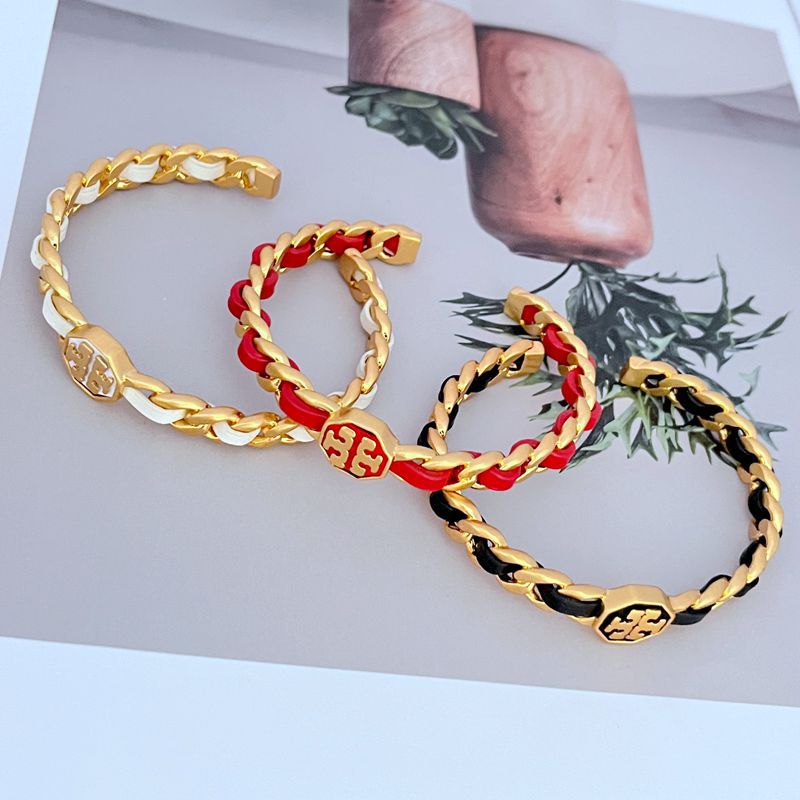 Tory Burch Exquisite Woven Leather Logo Open Cuff Bangle women