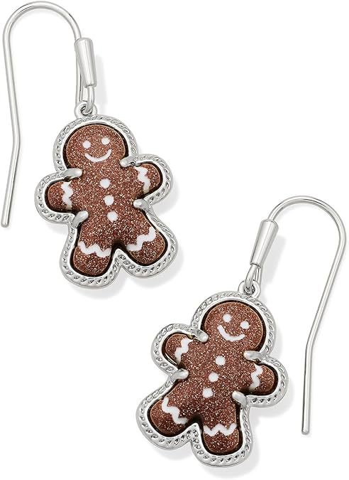 Silver gingerbread man drop earrings with gingerbread-shaped enamel face details.