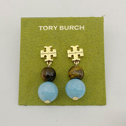 Tory Burch logo pendant earrings with dark bead and light blue agate beads