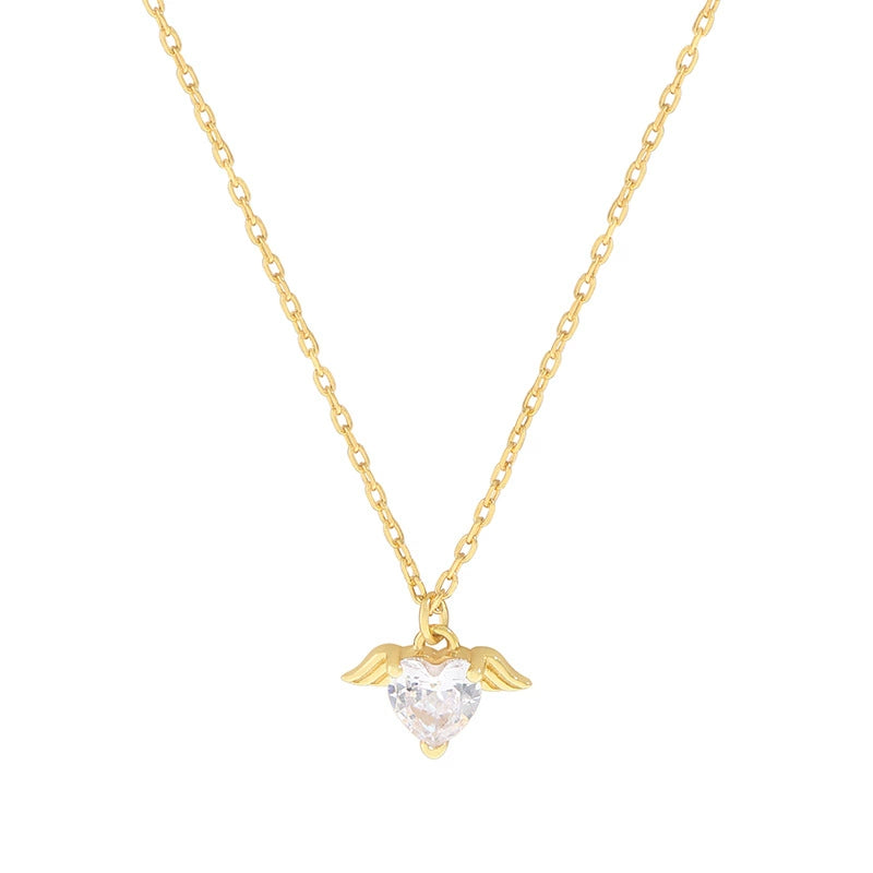 S925 Silver Angel Wing Heart CZ Pendant Necklace