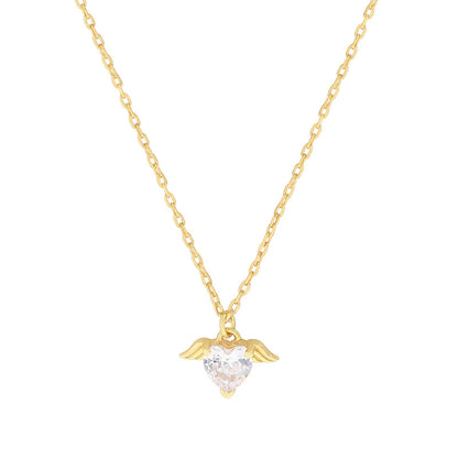 S925 Silver Angel Wing Heart CZ Pendant Necklace