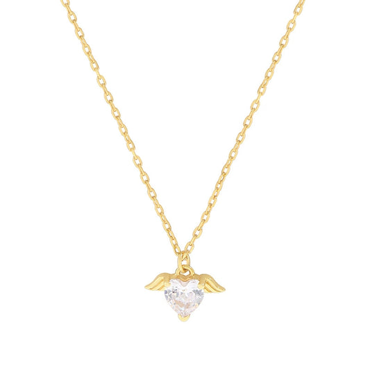S925 Silver Angel Wing Heart CZ Pendant Necklace
