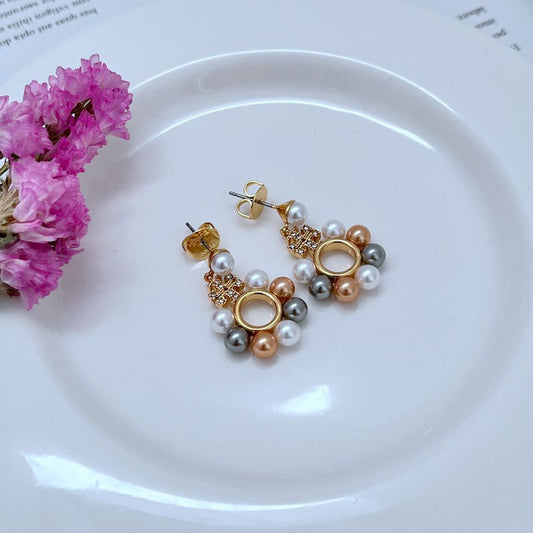Tory Burch gold-tone pearl inlay openwork round drop earrings with multicolor beads