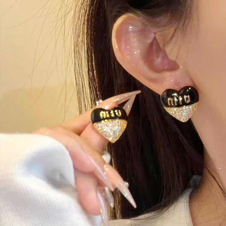 Miu Miu Sweet Enamel Diamond Heart Stud Earrings White Pink Black