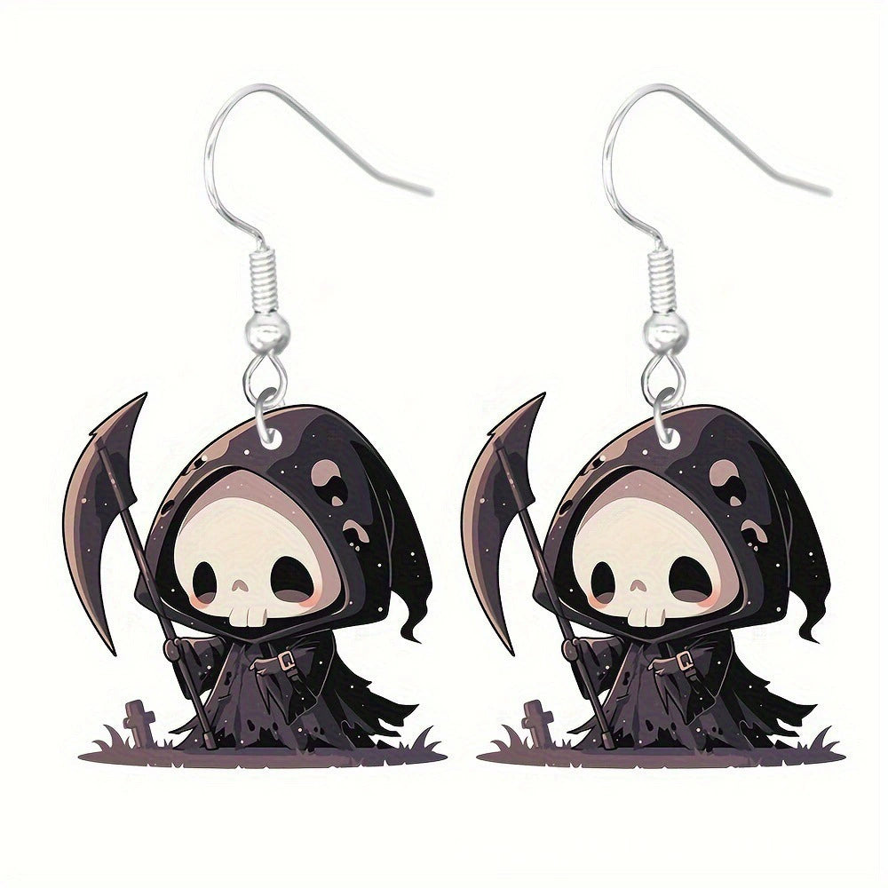 S925 Sterling Silver Halloween Earrings with Ghost, Pumpkin, Skeleton Acrylic Pendants