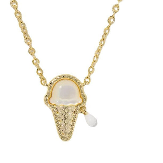 Cream ice cream charm necklace with gold chain and white side drop detail