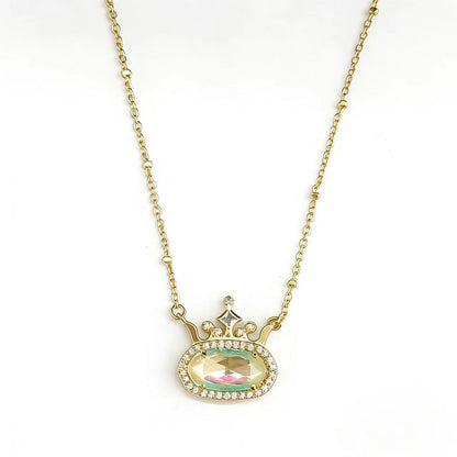 Gold-plated princess crown necklace with multicolor oval gemstone and diamond-style halo