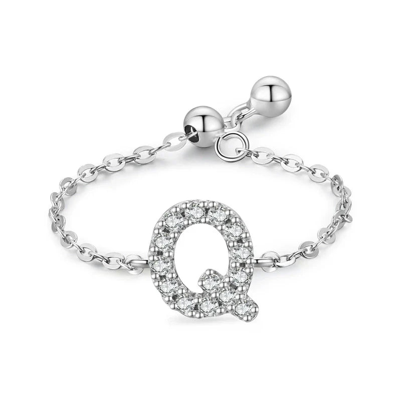 Sterling silver pavé letter Q bracelet with link chain and round toggle clasp