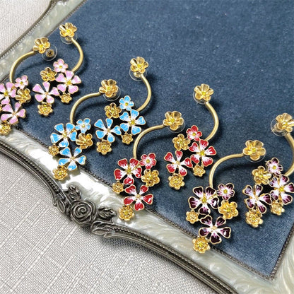 Oscar de la Renta Long Colored Enamel Flower Stud Earrings