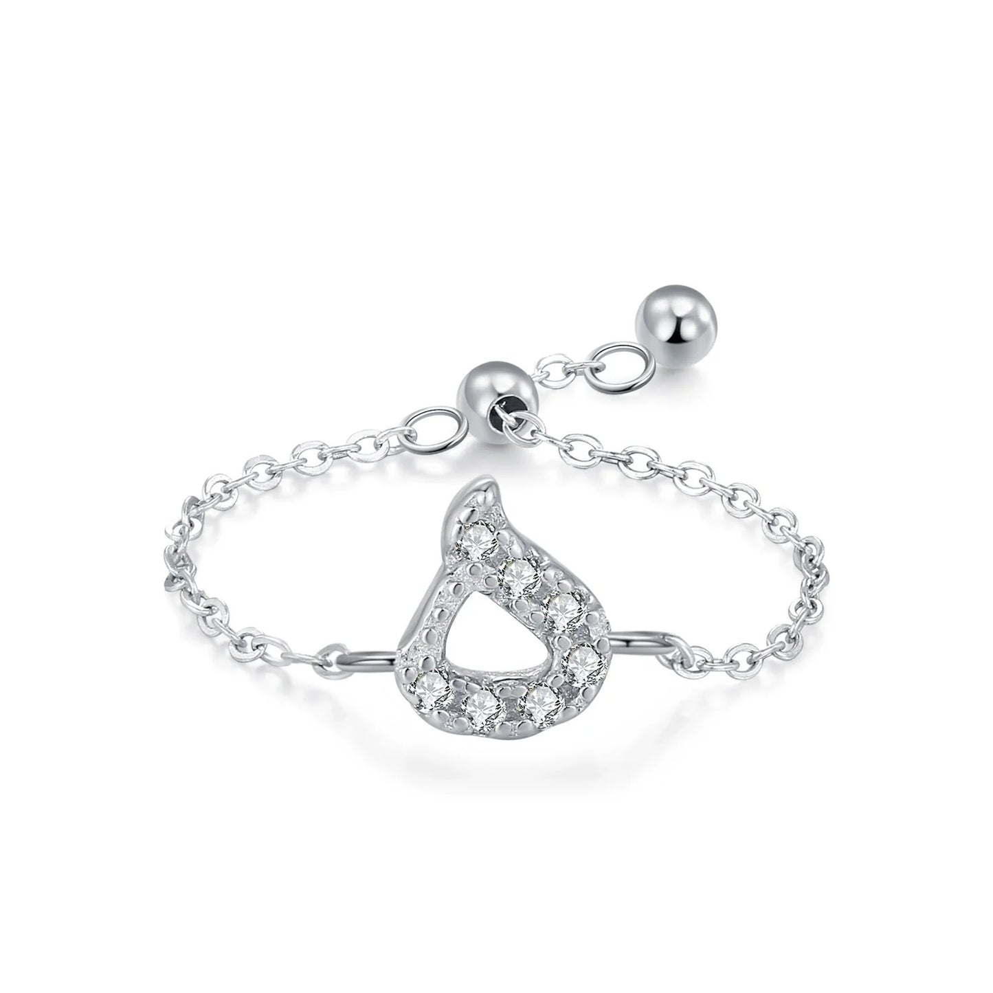 Silver Arabic letter pavé chain ring with pavé CZ Arabic letter charm in drop shape