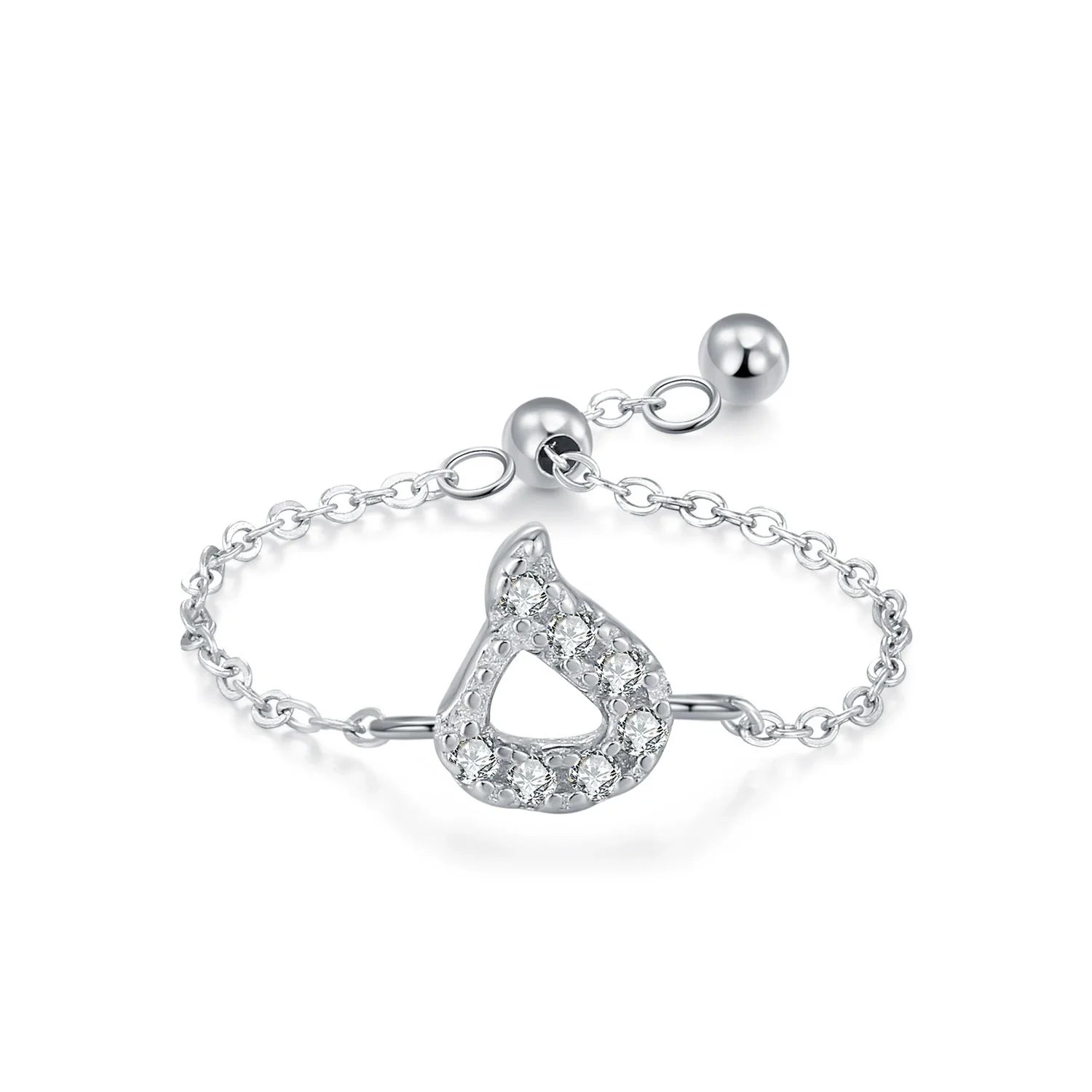 Silver Arabic letter pavé chain ring with pavé CZ Arabic letter charm in drop shape