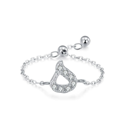 Silver Arabic letter pavé chain ring with pavé CZ Arabic letter charm in drop shape