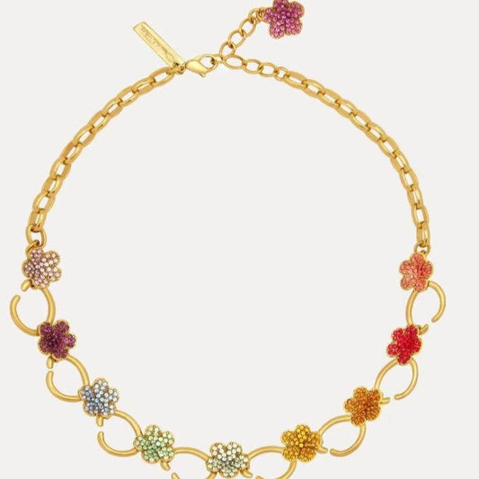 Gold-plated floral pendant necklace with multicolor rhinestone clover charms on chain