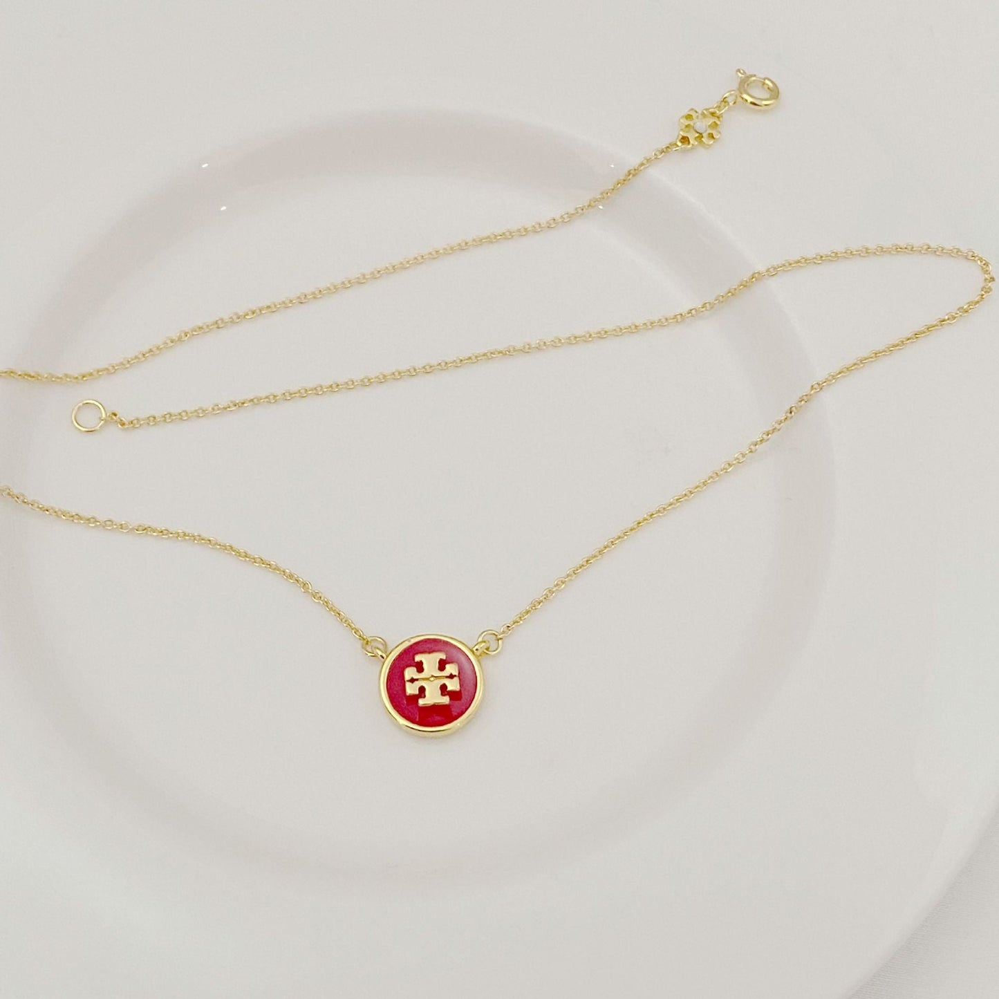 Tory Burch Logo Enamel Round Pendant Necklace